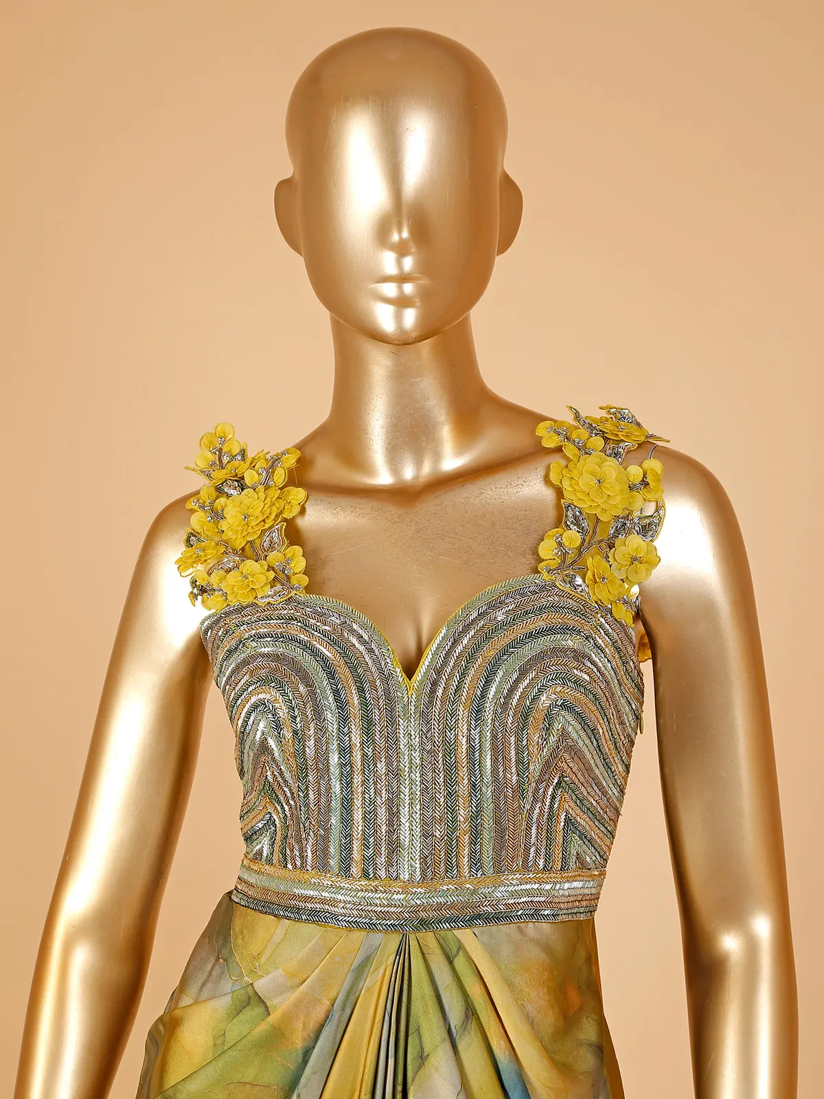Mustard yellow organza designer gown