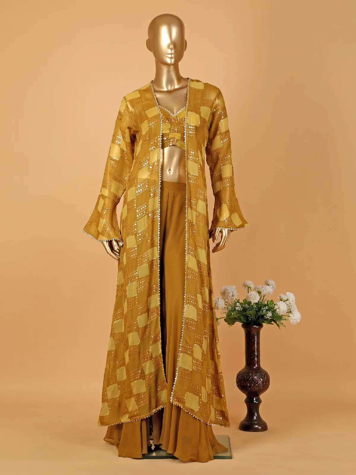 Mustard yellow palazzo suit with printed shrug