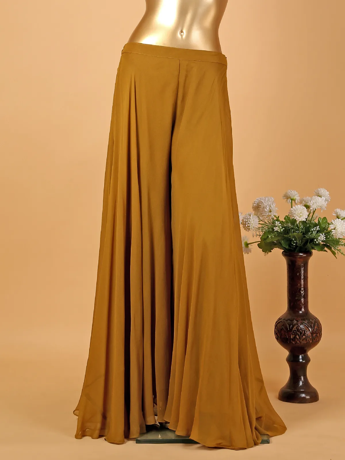 Mustard yellow palazzo suit with printed shrug