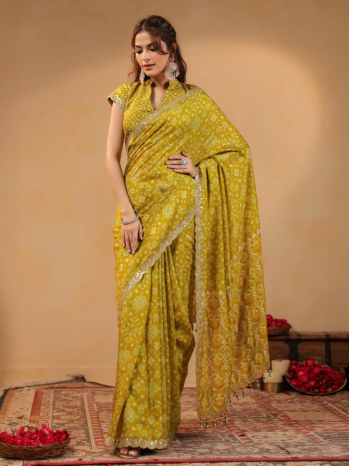 Mustard yellow printed silk festive saree