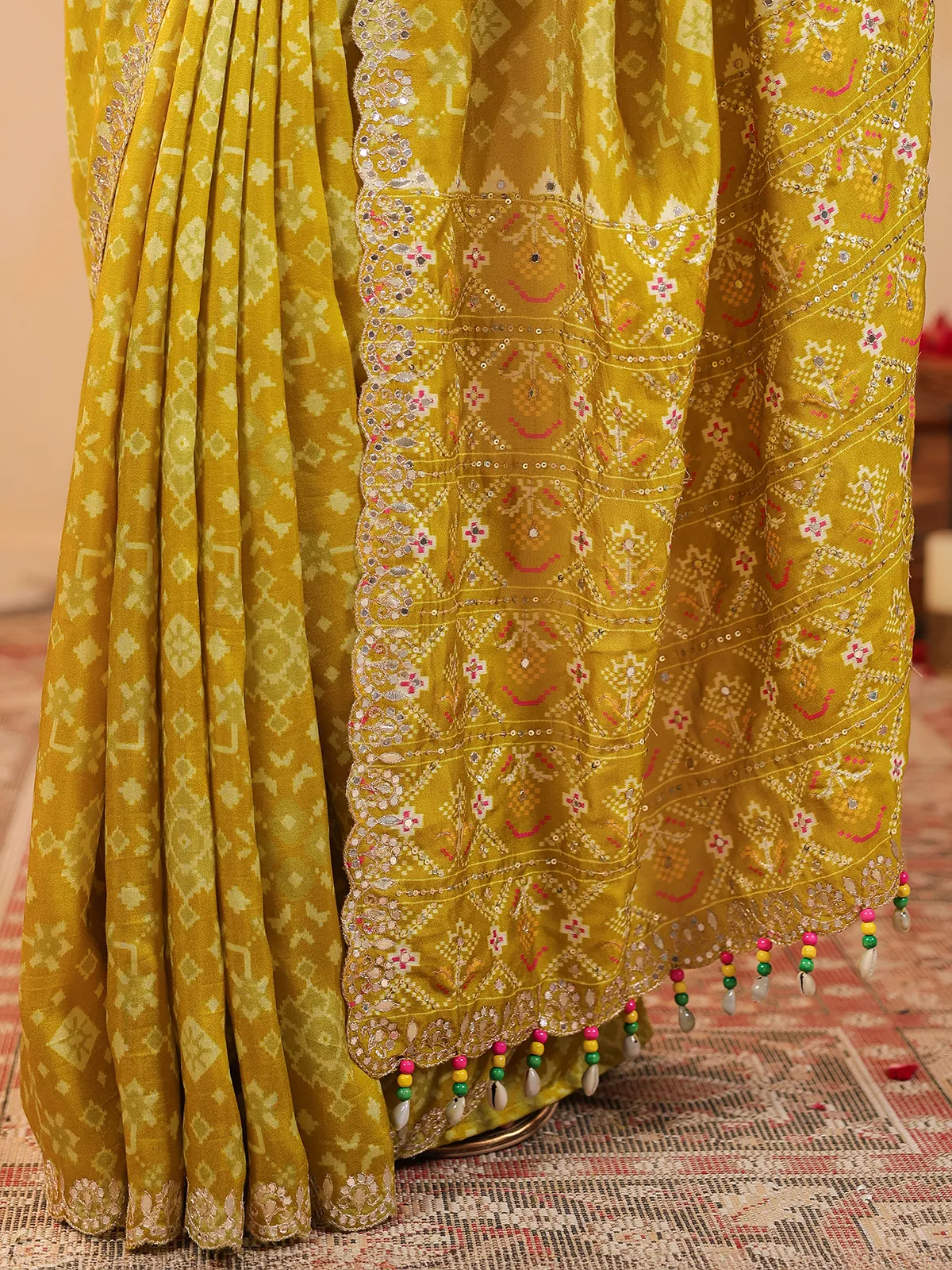 Mustard yellow printed silk festive saree