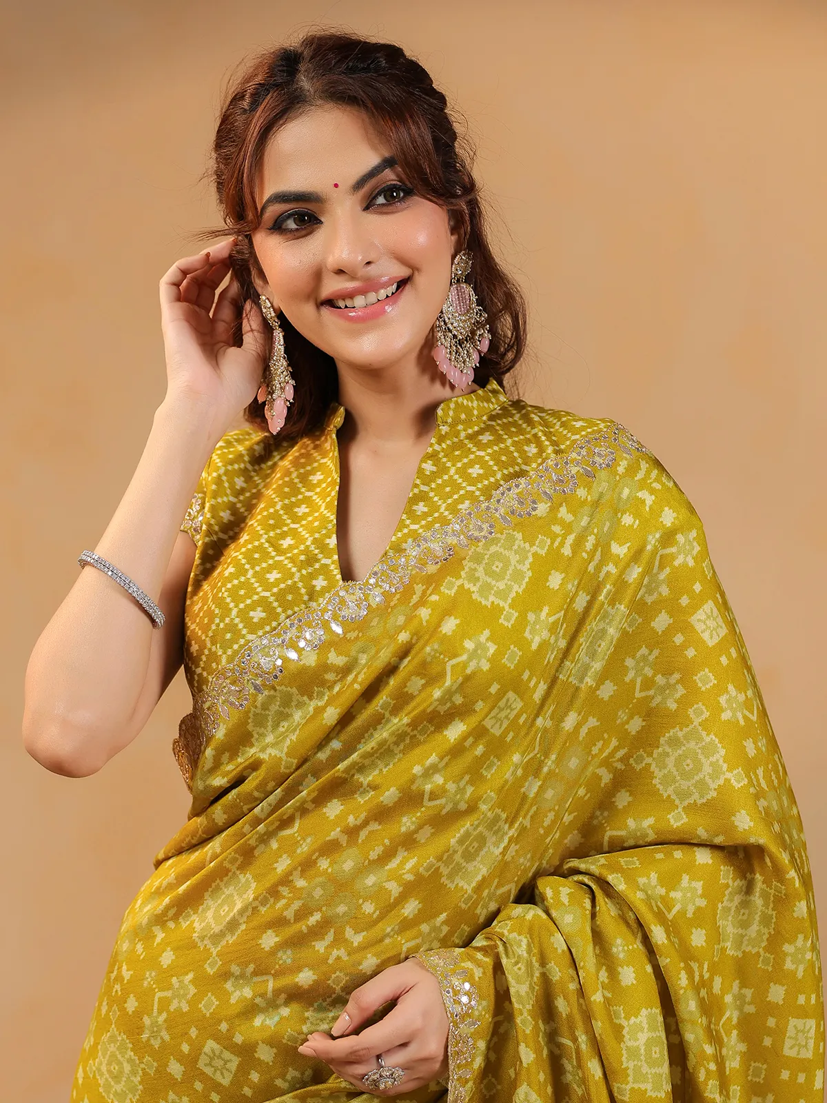Mustard yellow printed silk festive saree