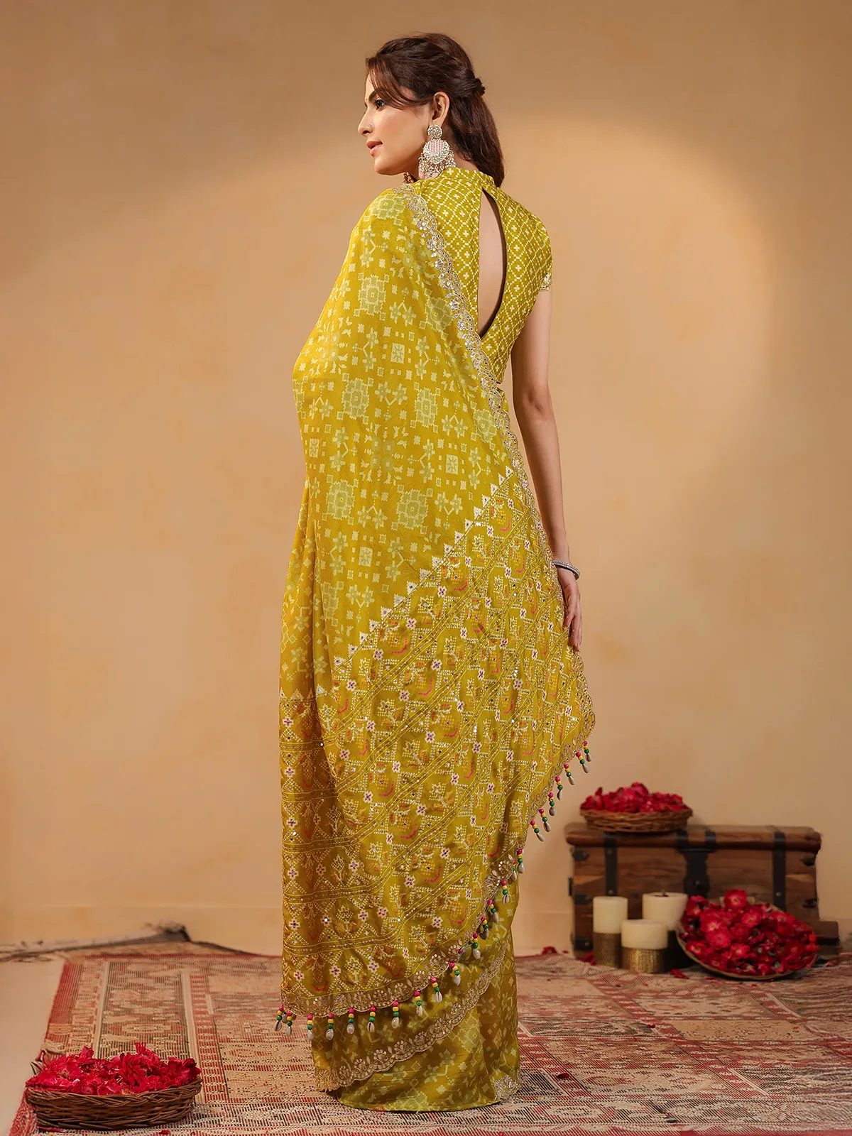 Mustard yellow printed silk festive saree
