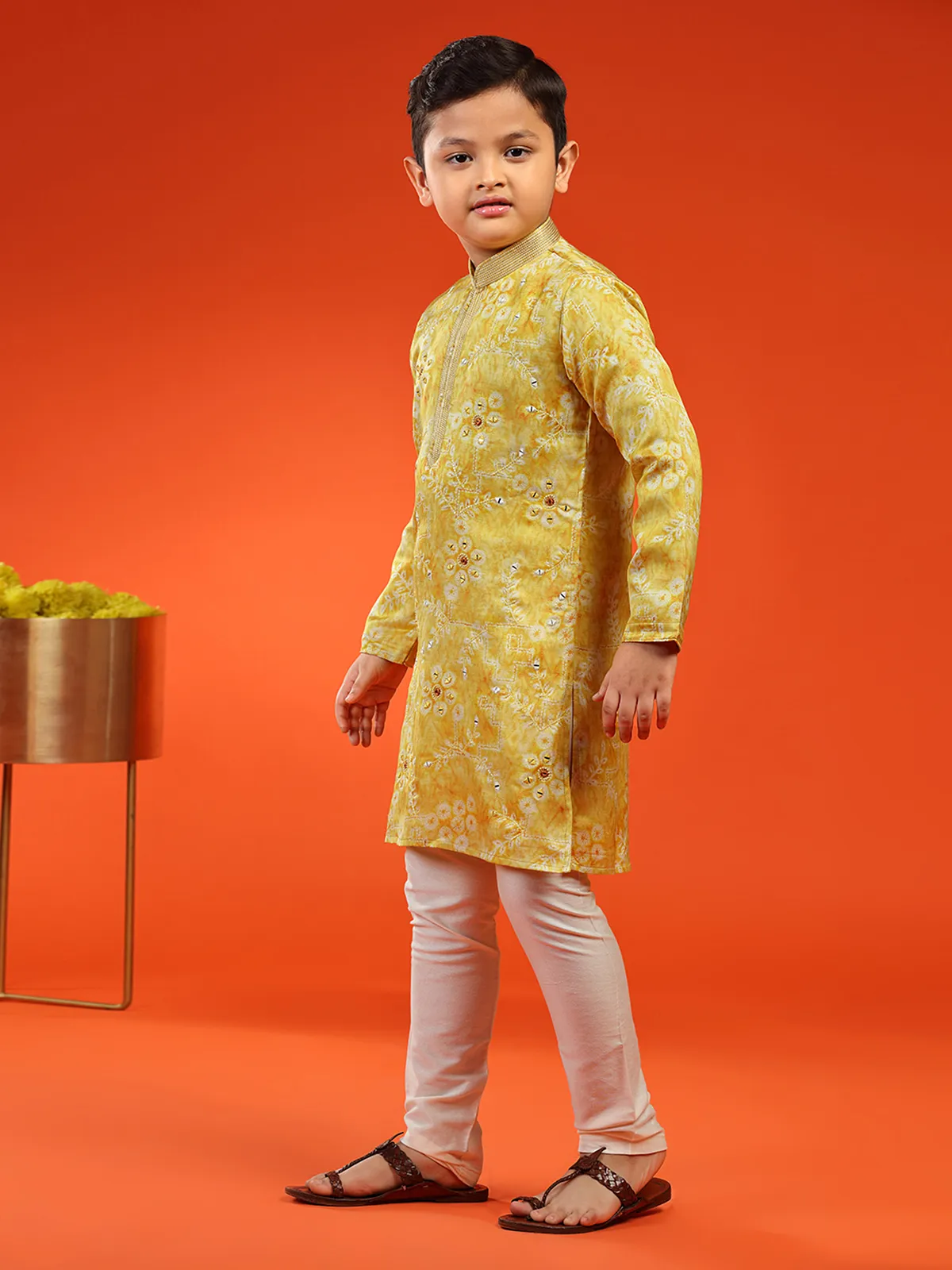 Mustard yellow printed silk kurta suit