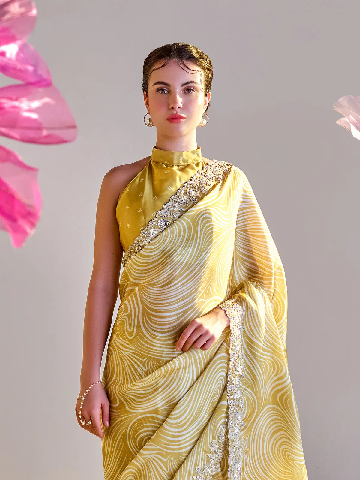 Mustard yellow satin printed saree