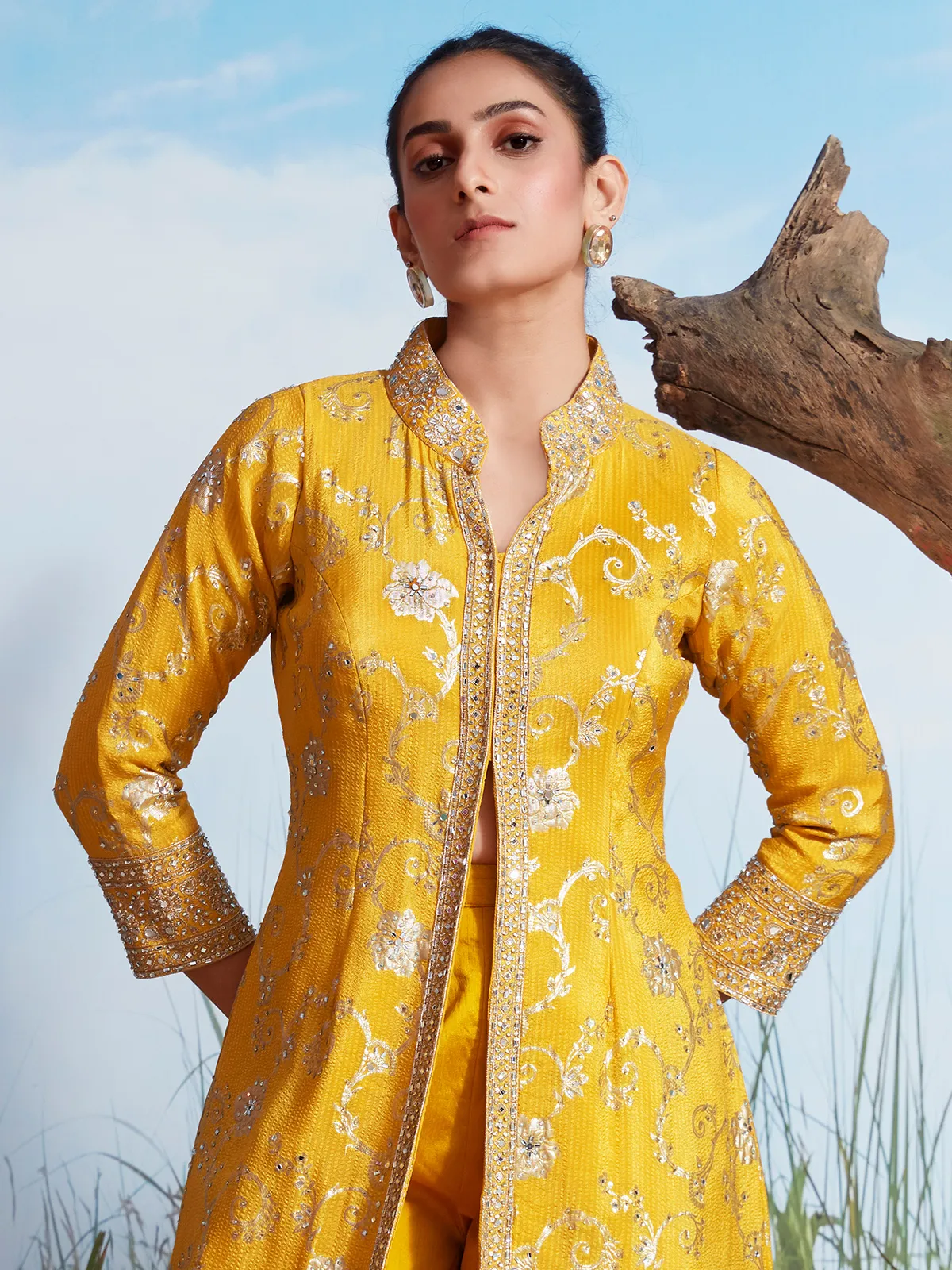 Mustard yellow silk crepe organza open front jacket kurta