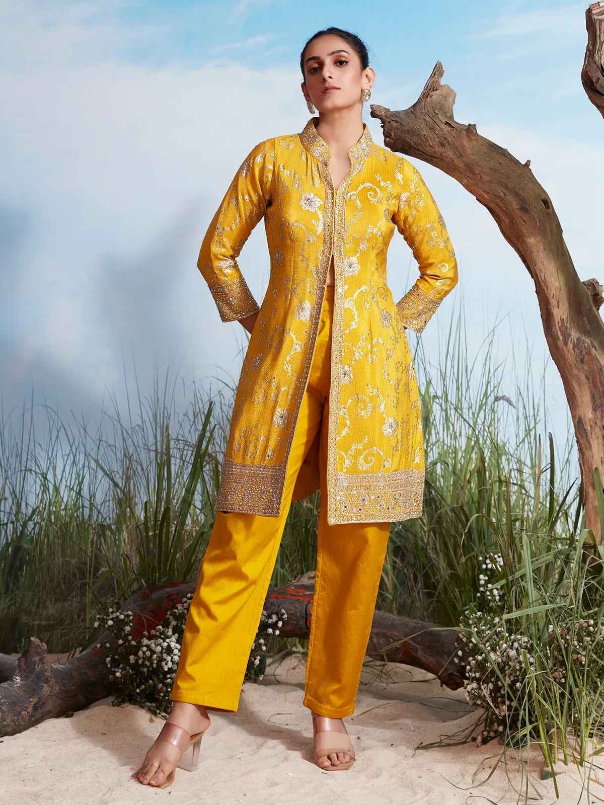 Mustard yellow silk crepe organza open front jacket kurta