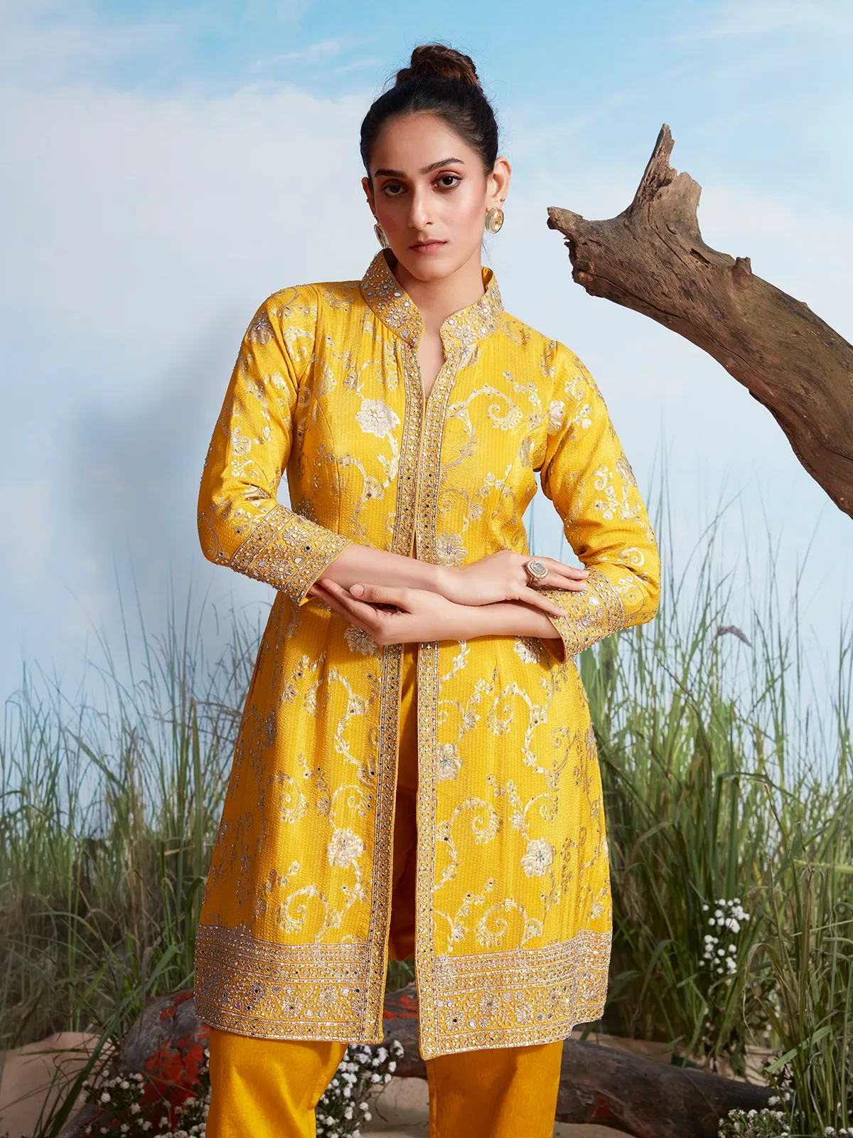 Mustard yellow silk crepe organza open front jacket kurta