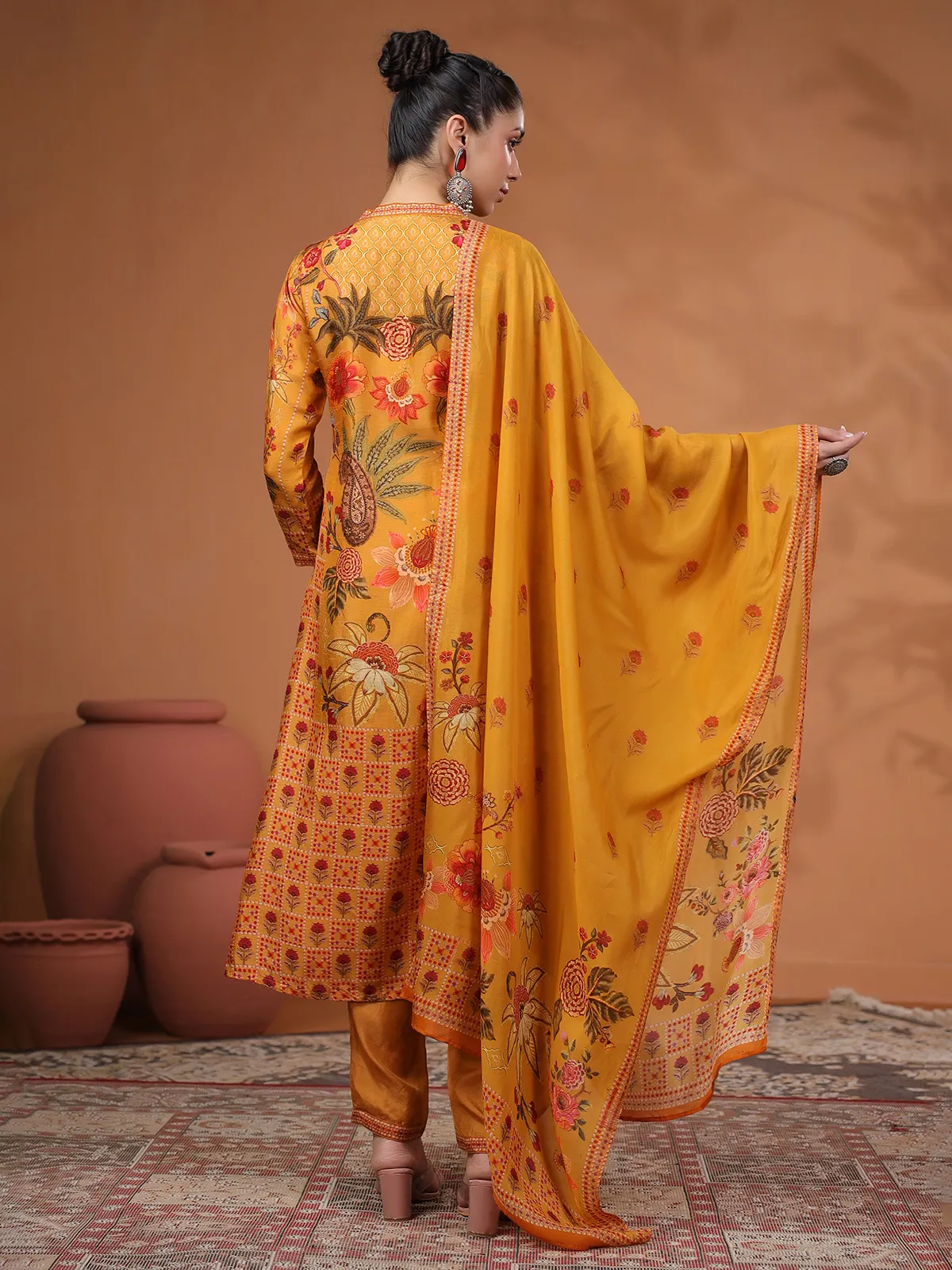 Mustard yellow silk kurti set in printed