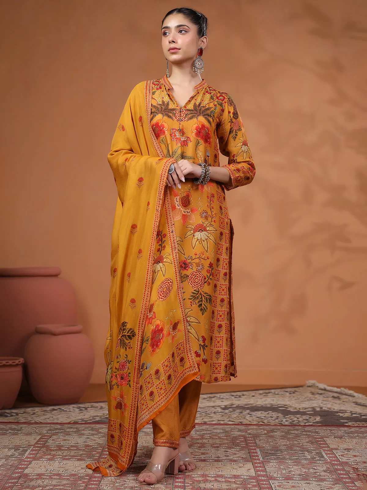 Mustard yellow silk kurti set in printed