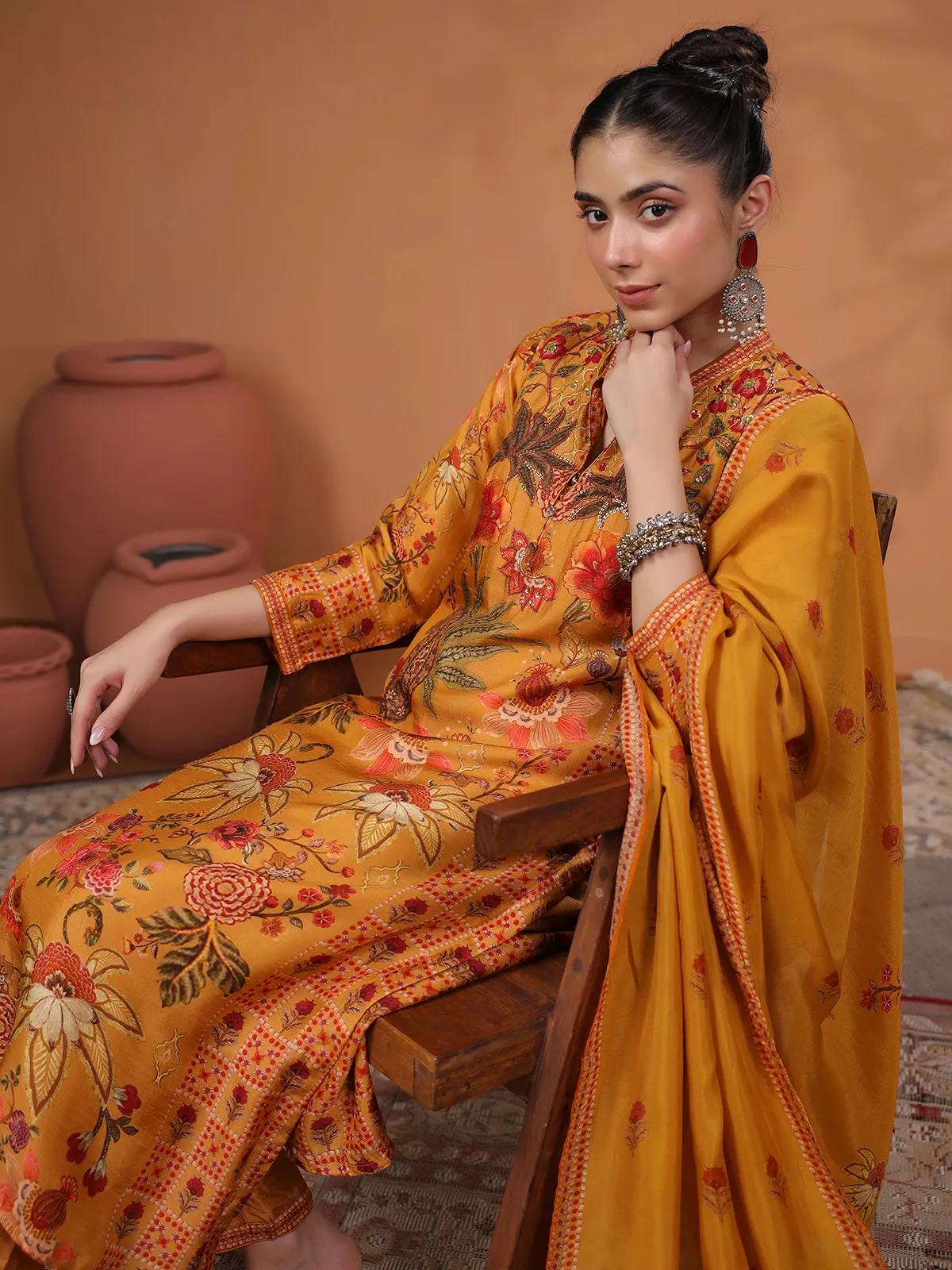 Mustard yellow silk kurti set in printed