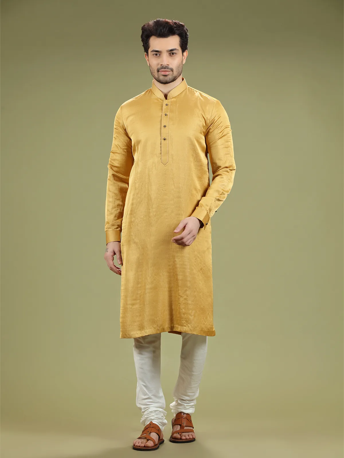 Mustard yellow silk plain kurta suit