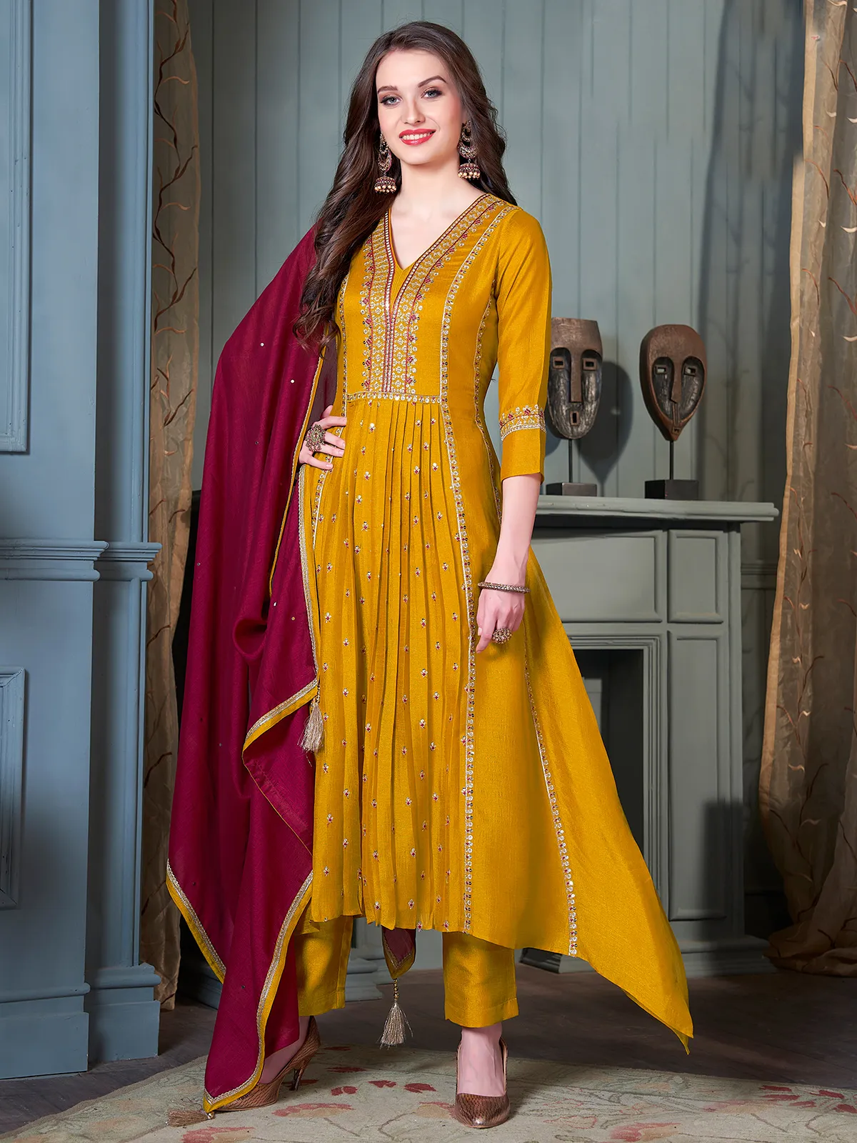 Mustard yellow silk wedding wear salwar suit