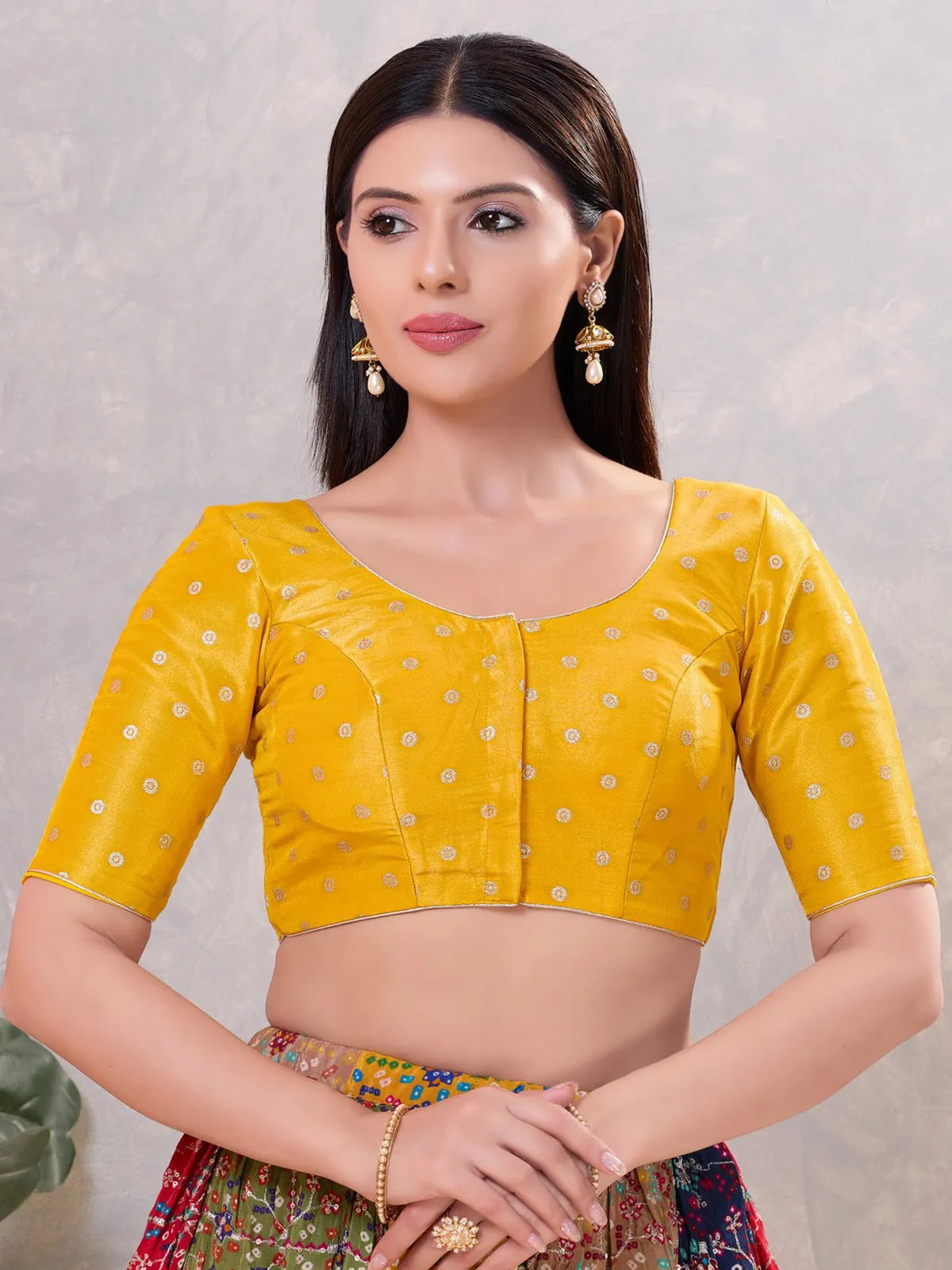 Mustard yellow silk zari front open blouse