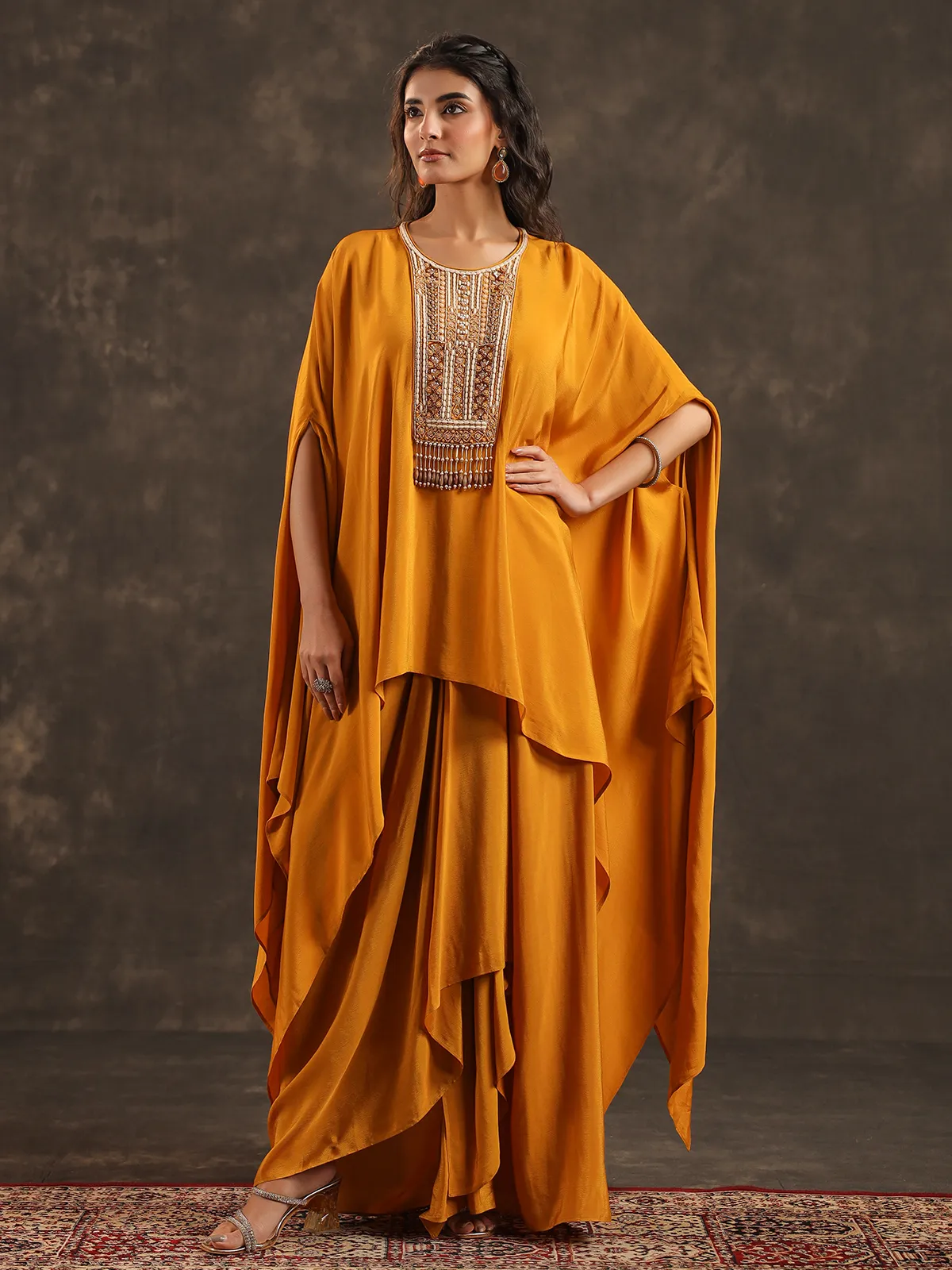 Mustard yellow viscose crepe kaftan suit with pearl embellishments