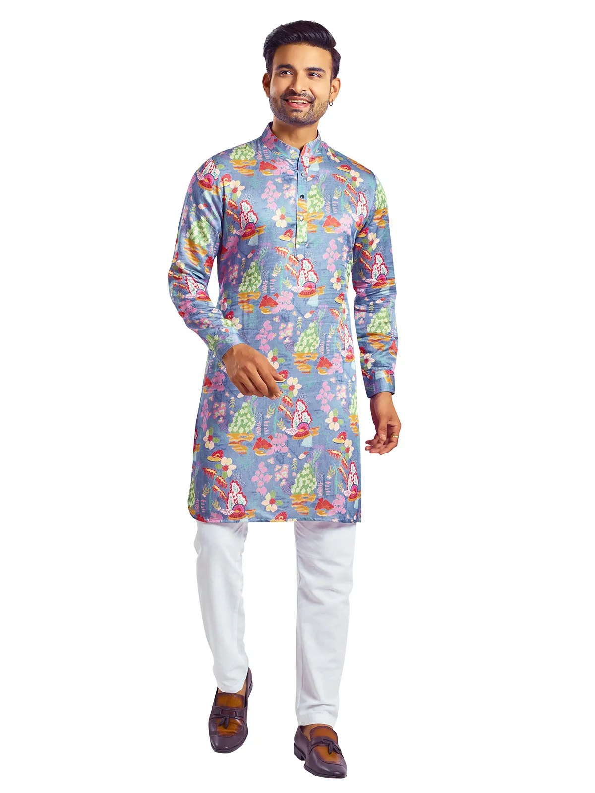 Amazing blue printed silk  Men Kurta pajama