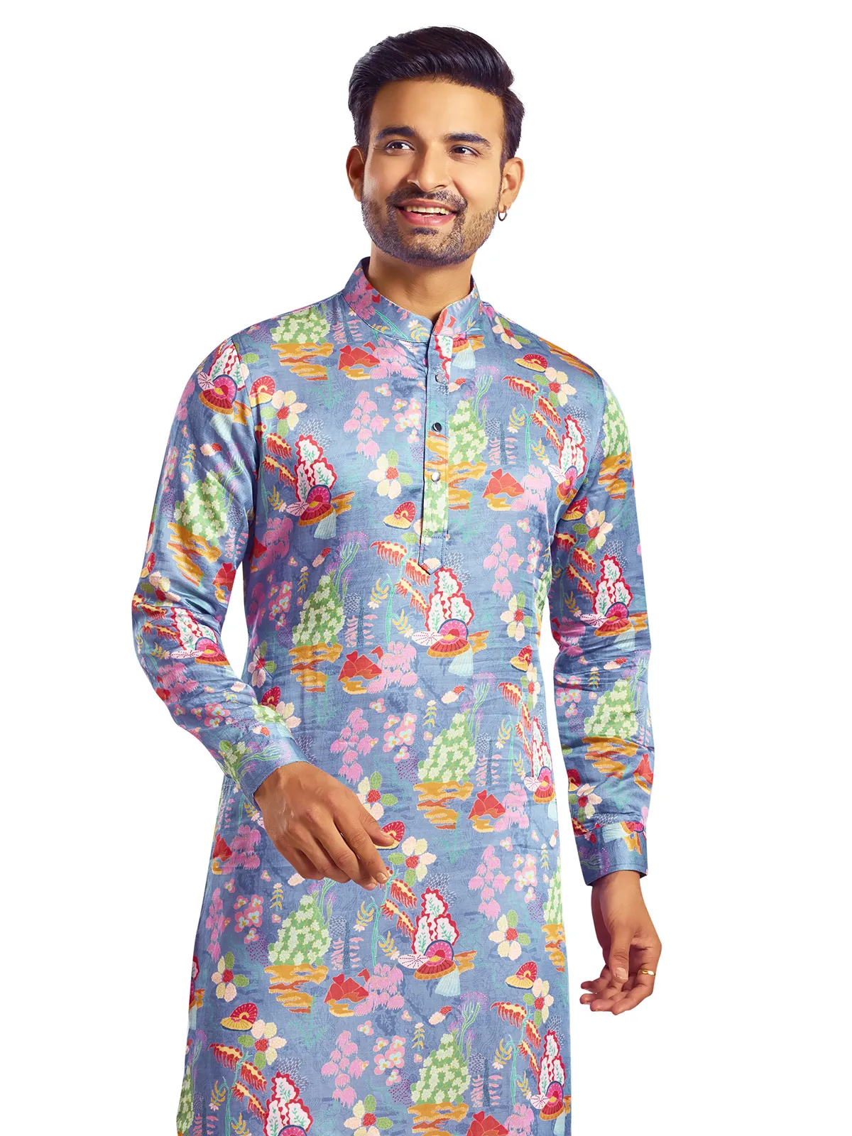 Amazing blue printed silk  Men Kurta pajama