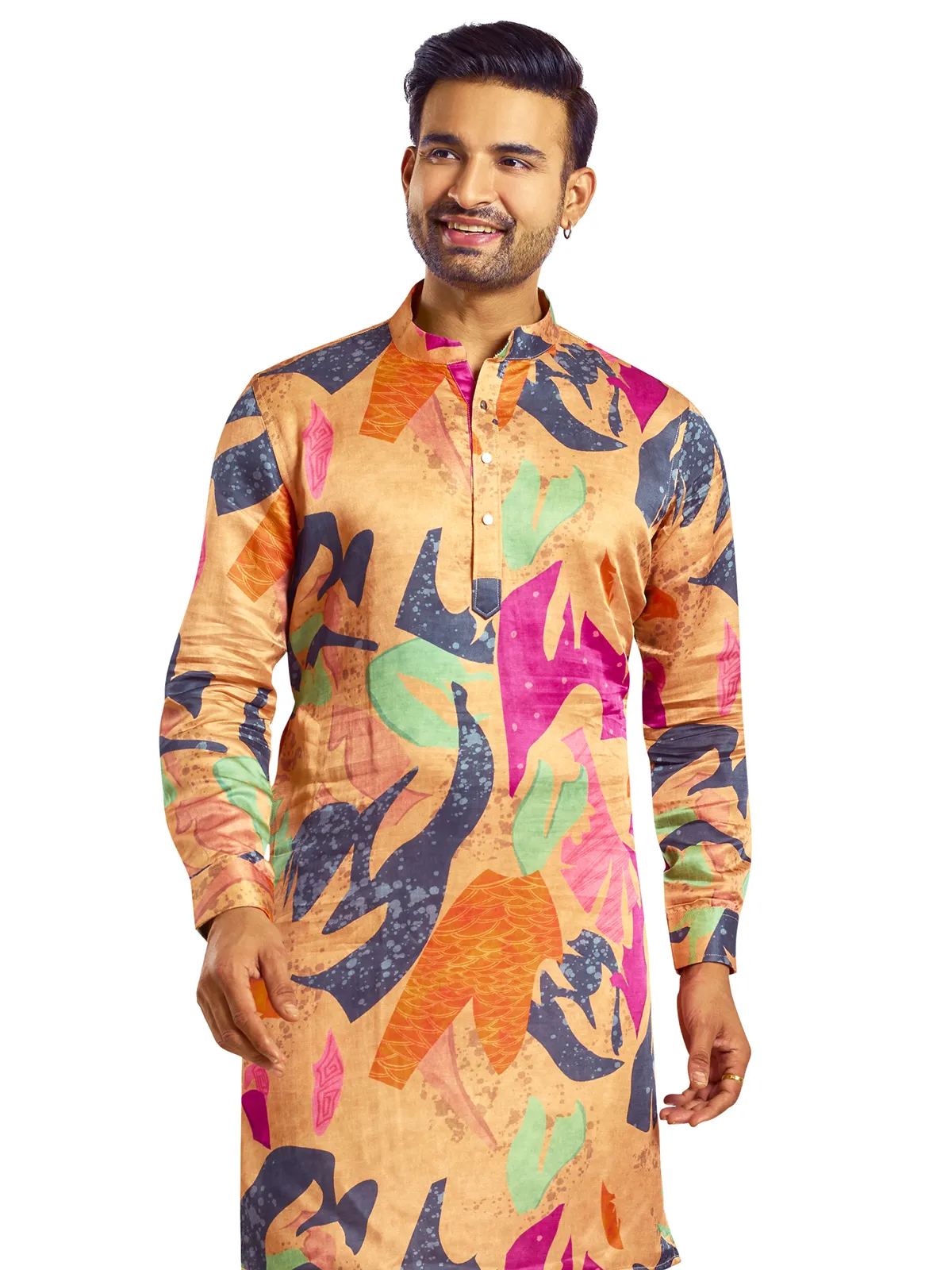 Latest silk printed peach  Men Kurta pajama