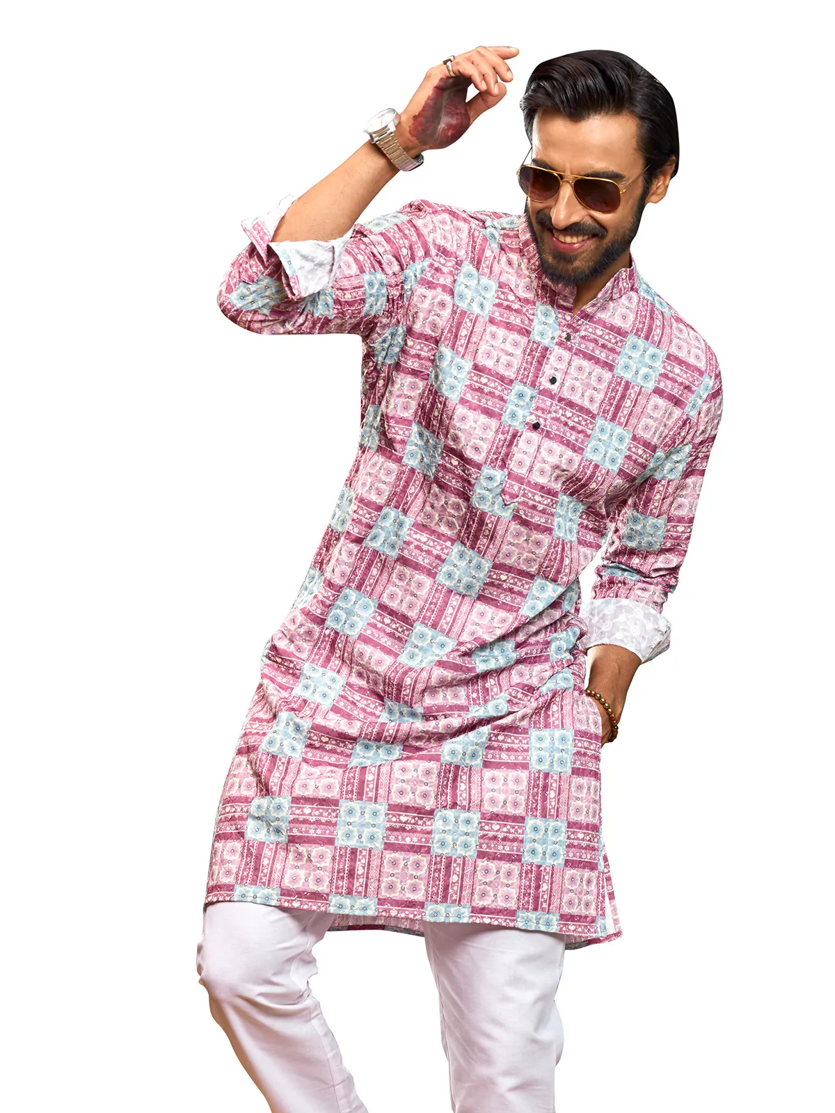 Pink printed embroidery festive  Men Kurta pajama