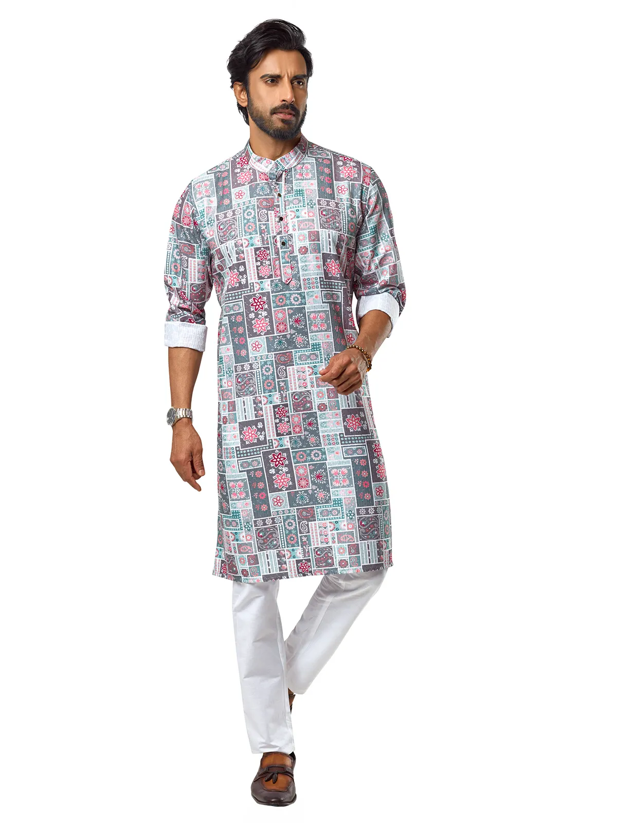 Stunning grey printed cotton  Men Kurta pajama