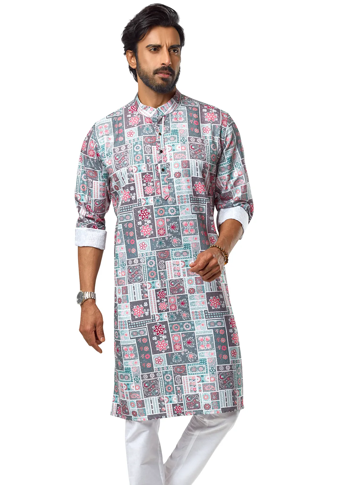 Stunning grey printed cotton  Men Kurta pajama