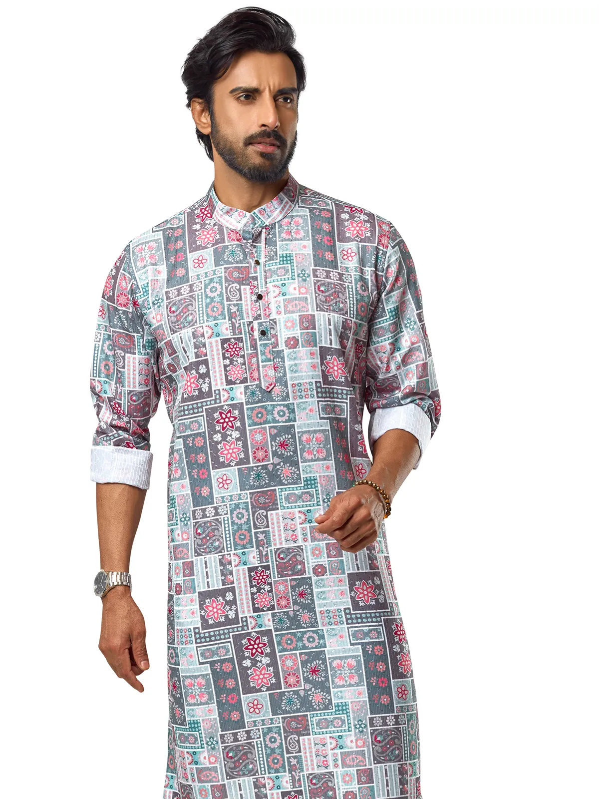 Stunning grey printed cotton  Men Kurta pajama