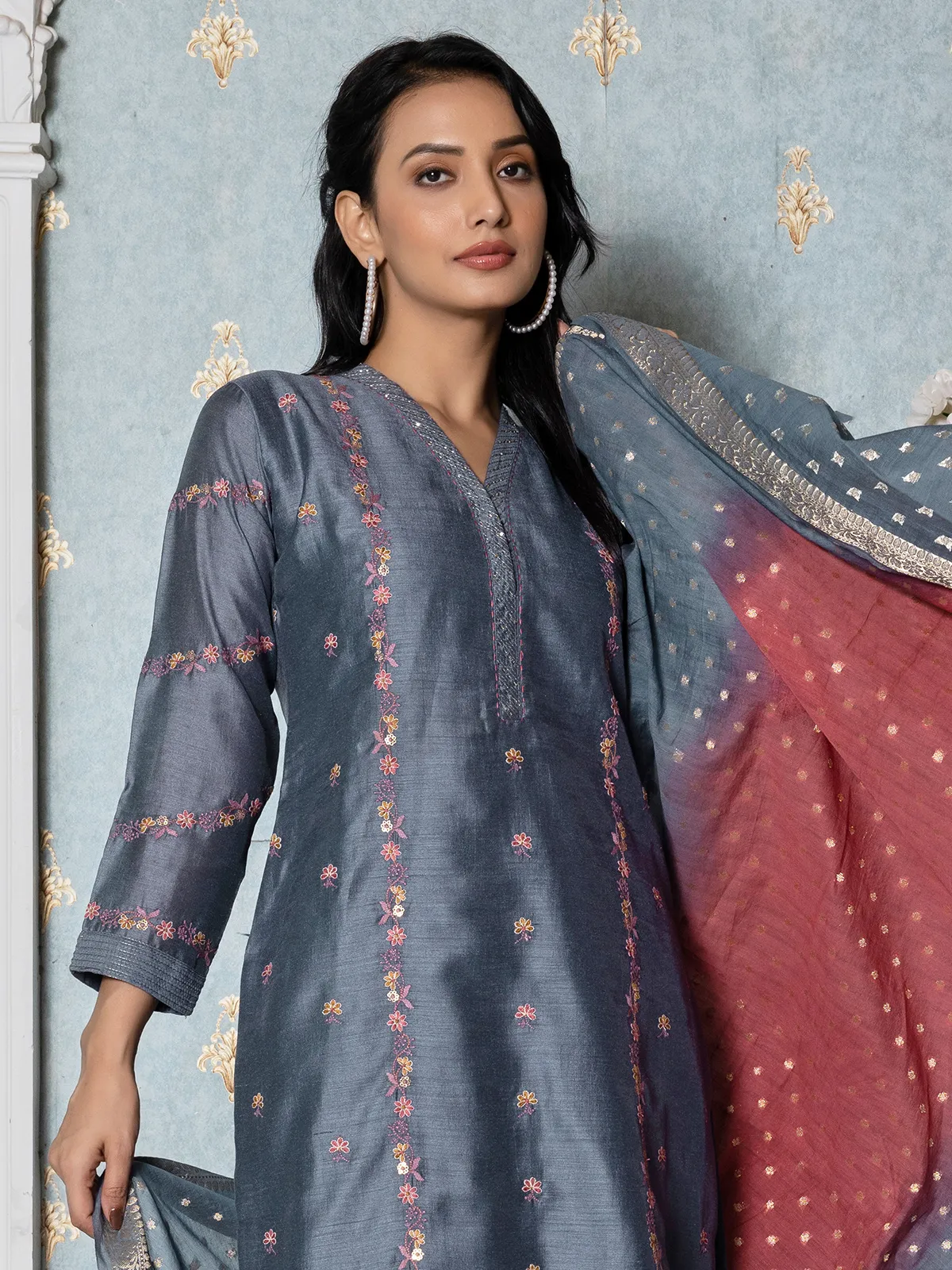 Stunning silk grey salwar suit suit