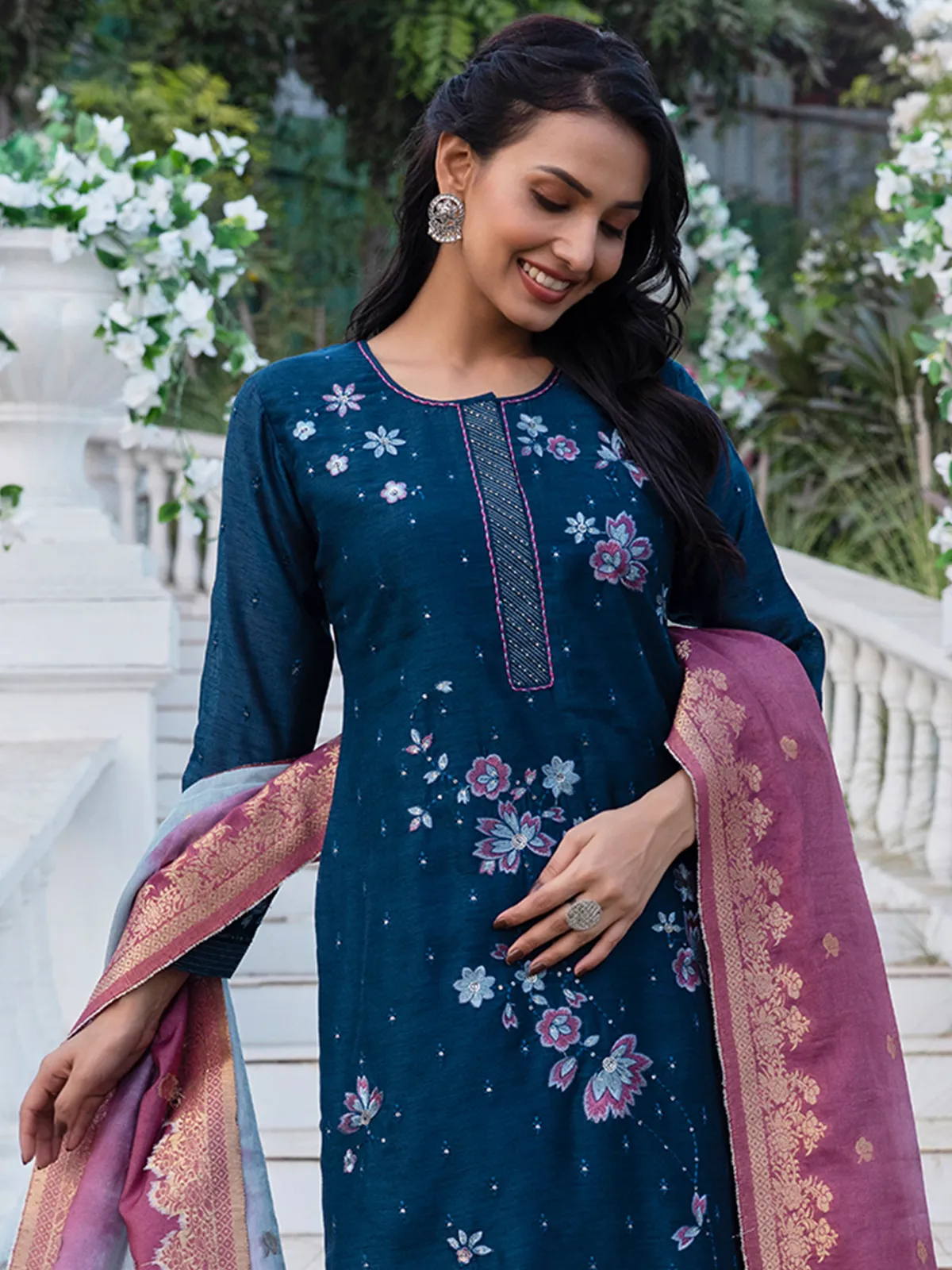 Teal blue floral embroidery salwar suit