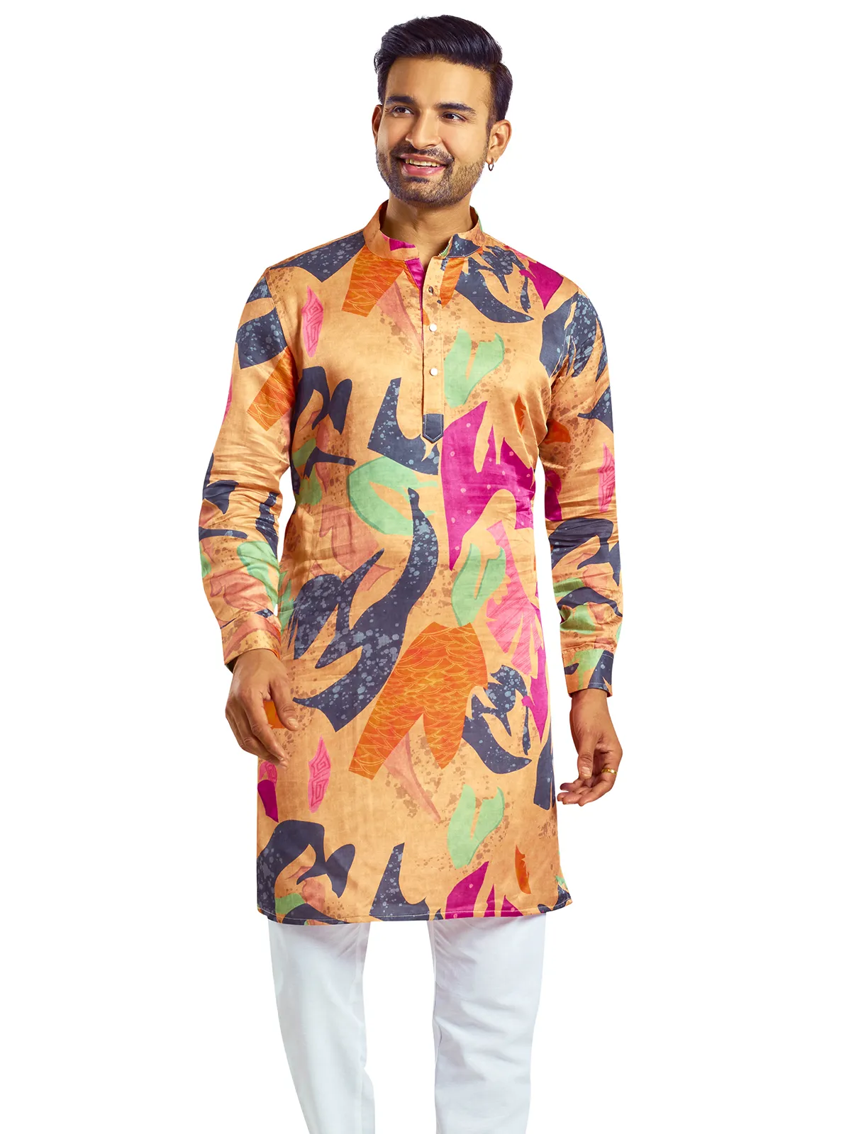 Trendy printed peach silk kurta