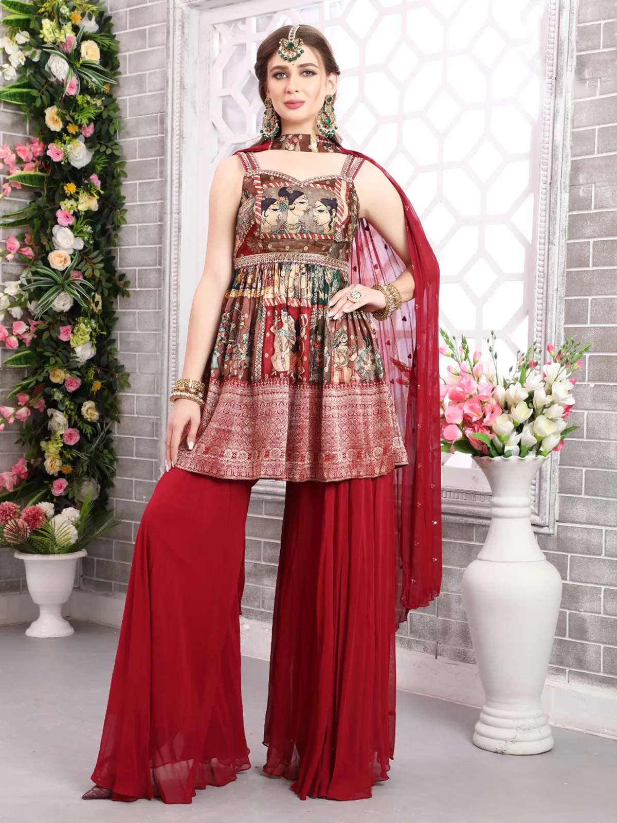 Trendy red printed palazzo suit