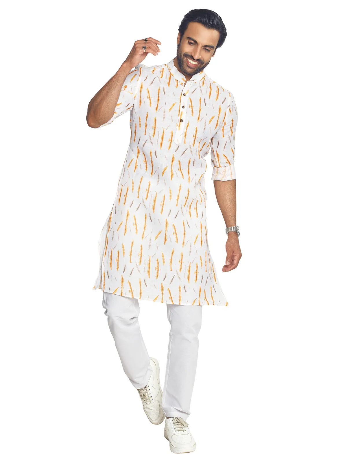 White and orange printed cotton  Men Kurta pajama