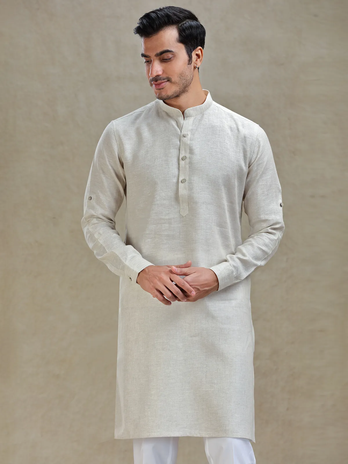 Natural beige linen kurta for festive