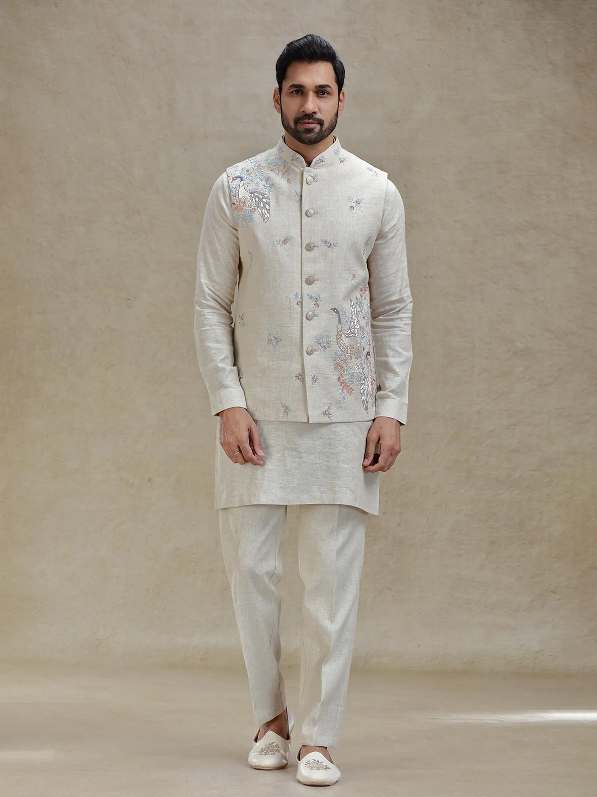 Natural beige linen kurta jacket set in embroidery