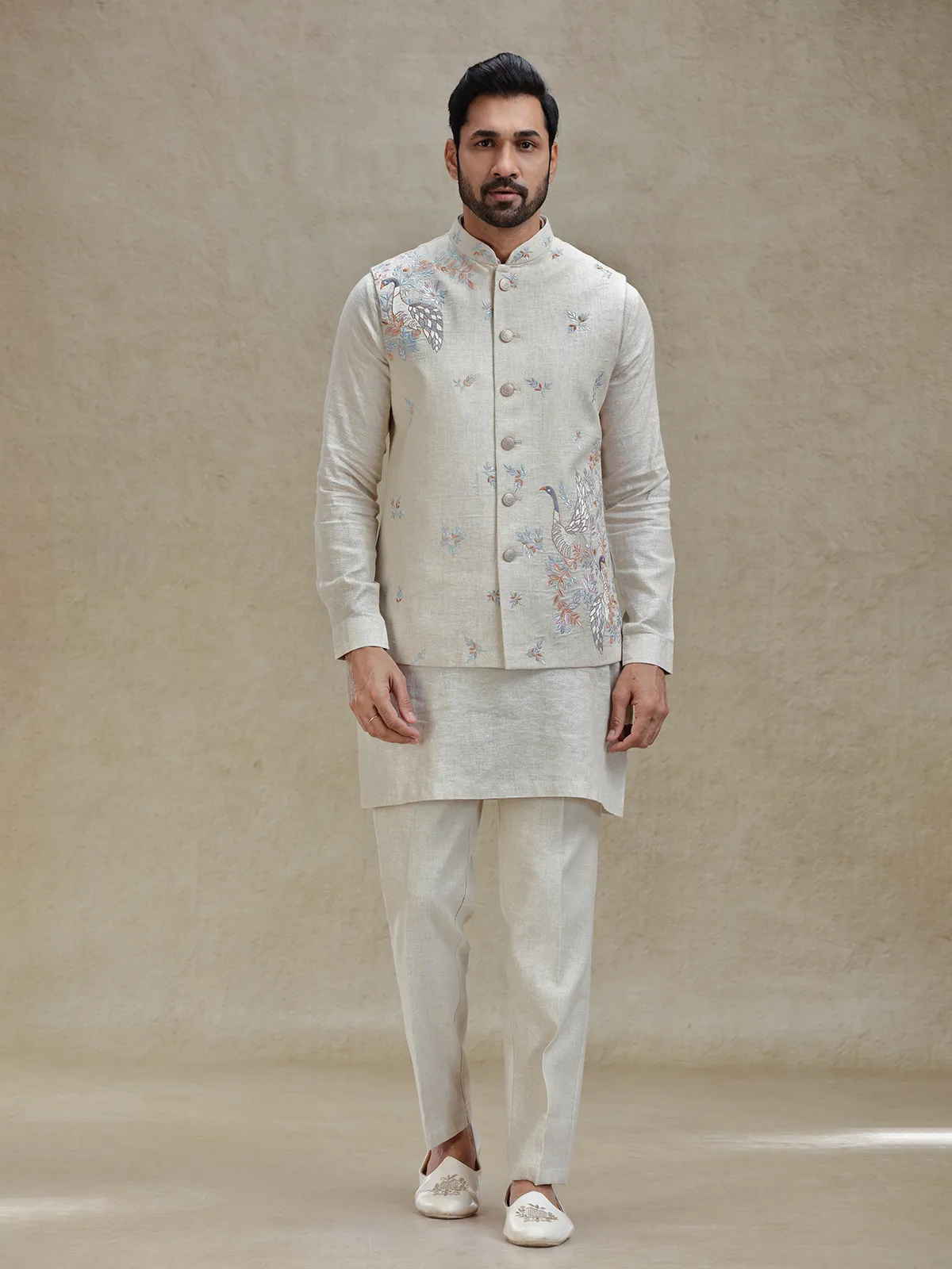 Natural beige linen kurta jacket set in embroidery