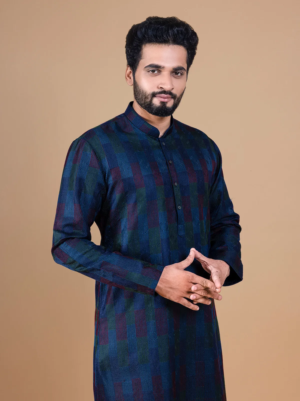 Navy and blue kurta suit in silk