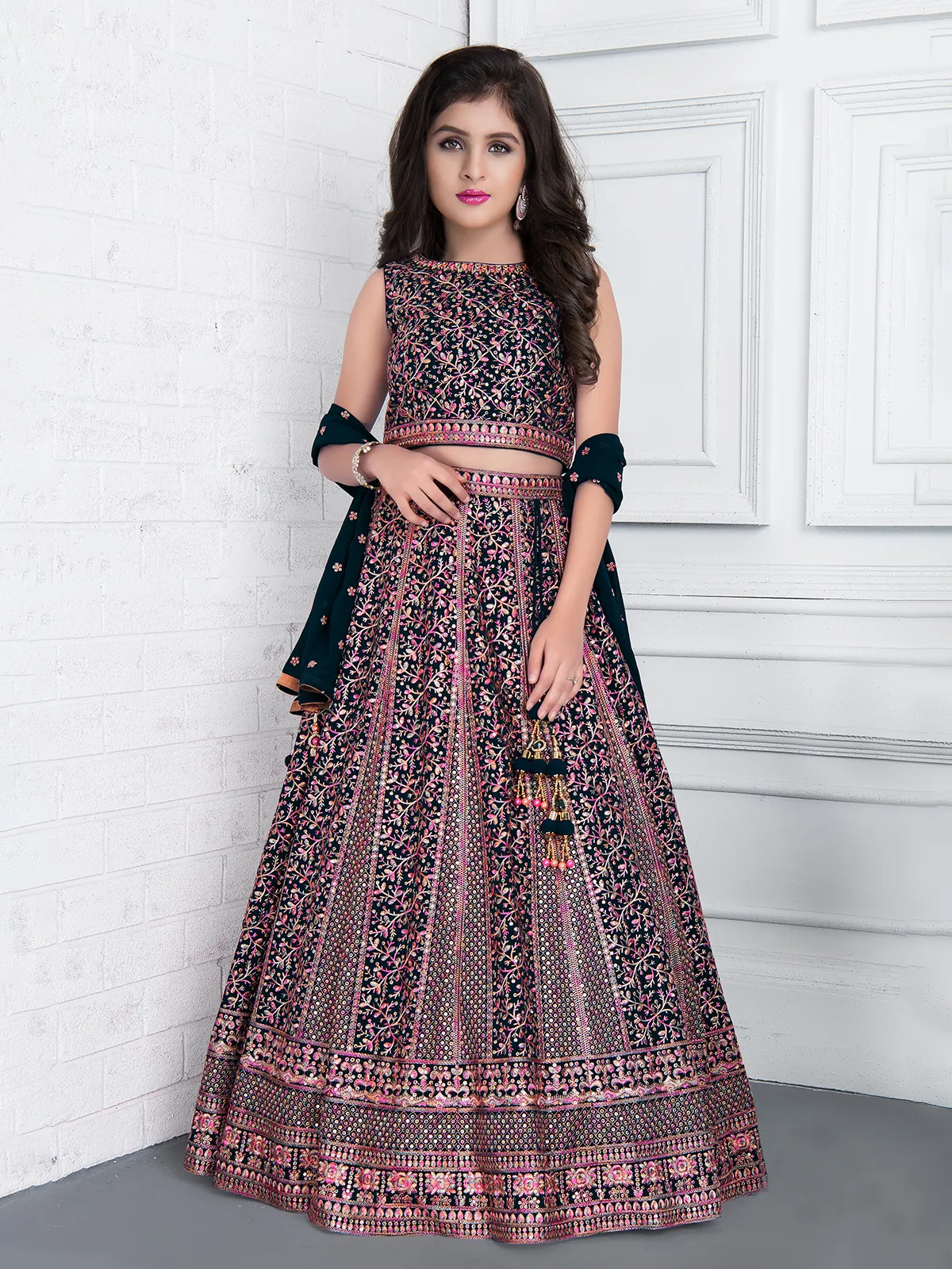 Navy art silk embroidered lehenga choli with dupatta
