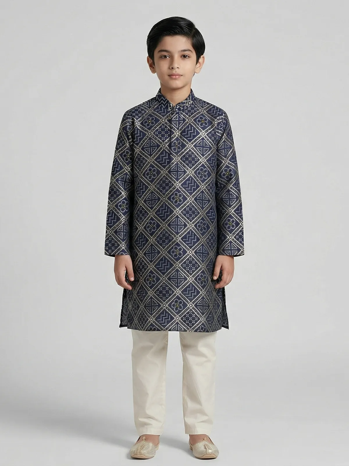 Navy blue bandhej printed zari work kurta suit