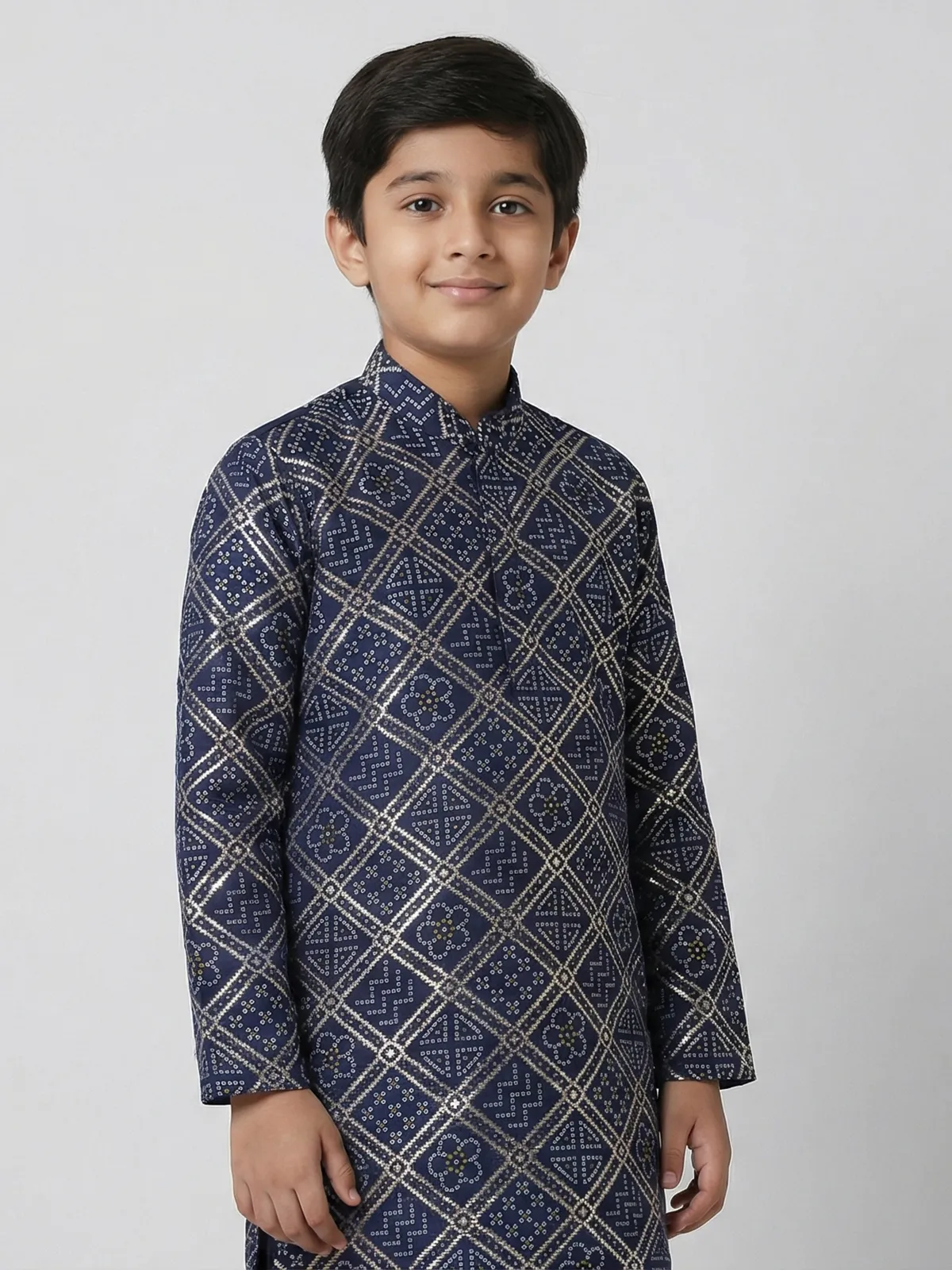 Navy blue bandhej printed zari work kurta suit