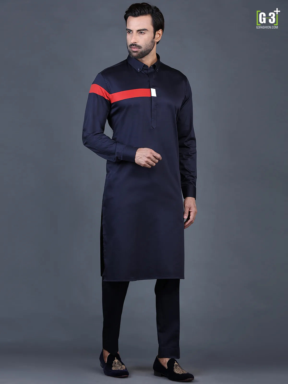 Navy blue cotton plain mens pathani suit