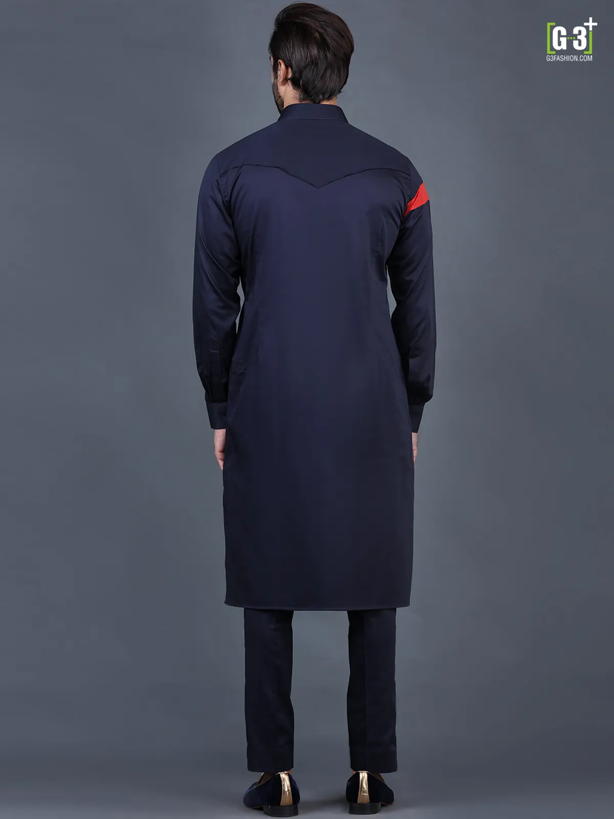 Navy blue cotton plain mens pathani suit