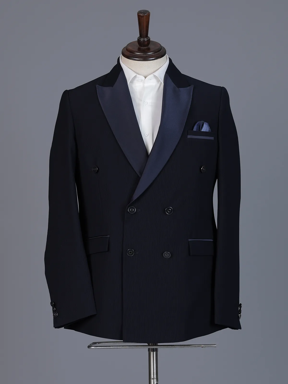 Navy blue designer double breasted suit with satin peak lapel finish