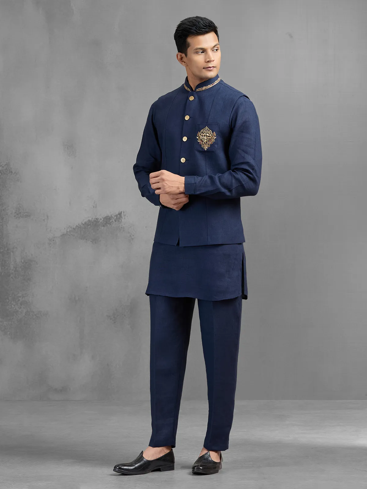 Navy blue linen crest motif embroidered waistcoat set