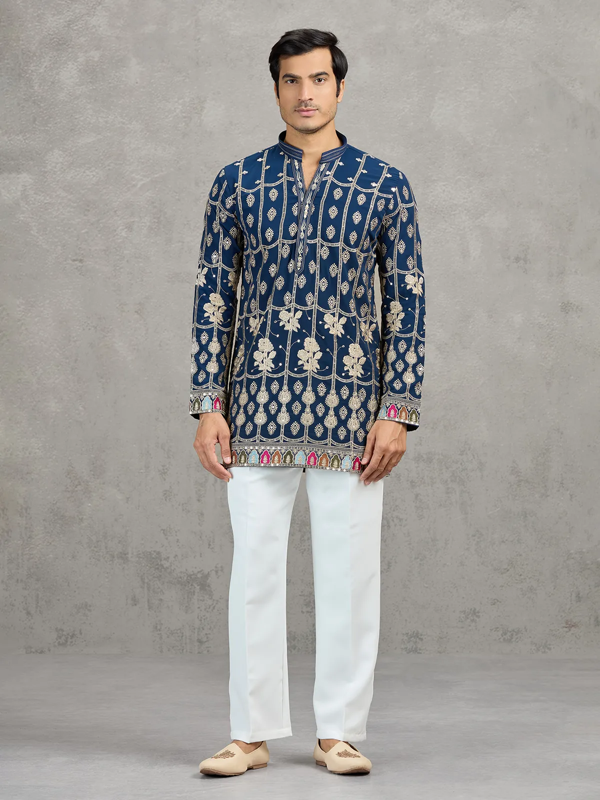Navy blue short silk embroidered festive kurta suit