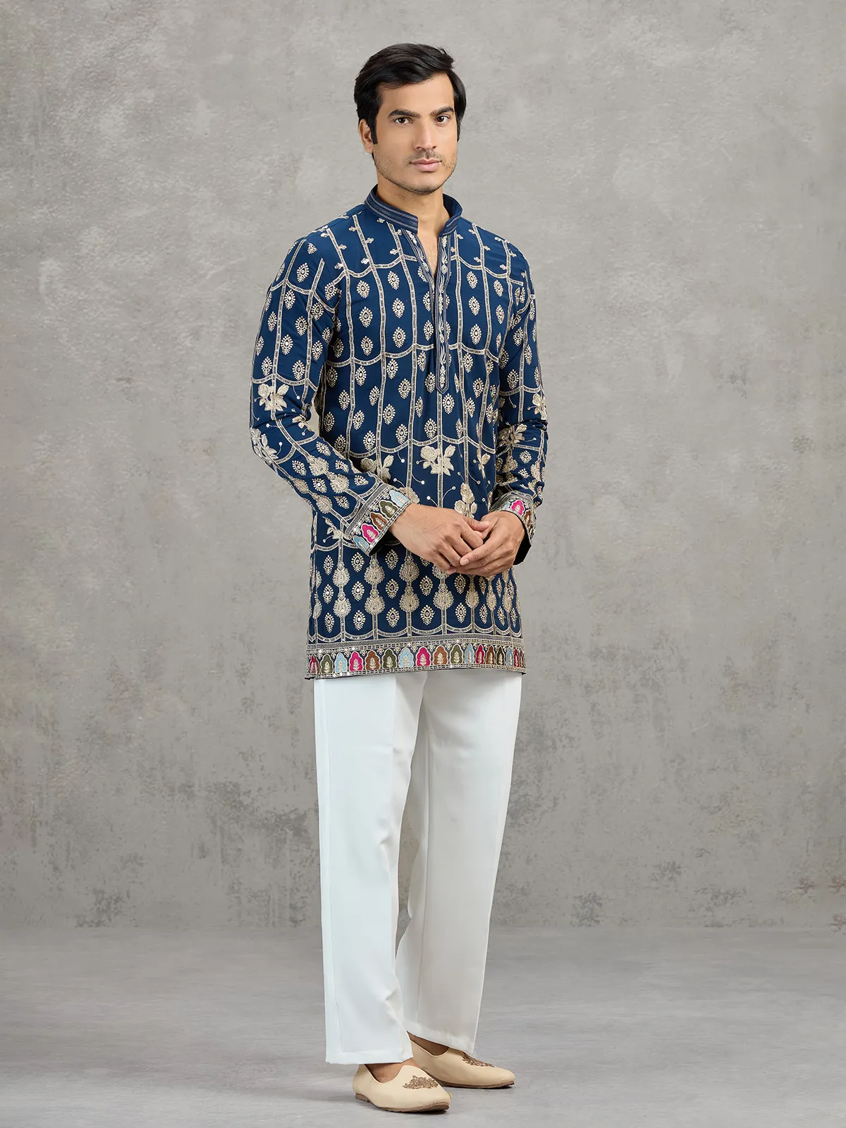 Navy blue short silk embroidered festive kurta suit