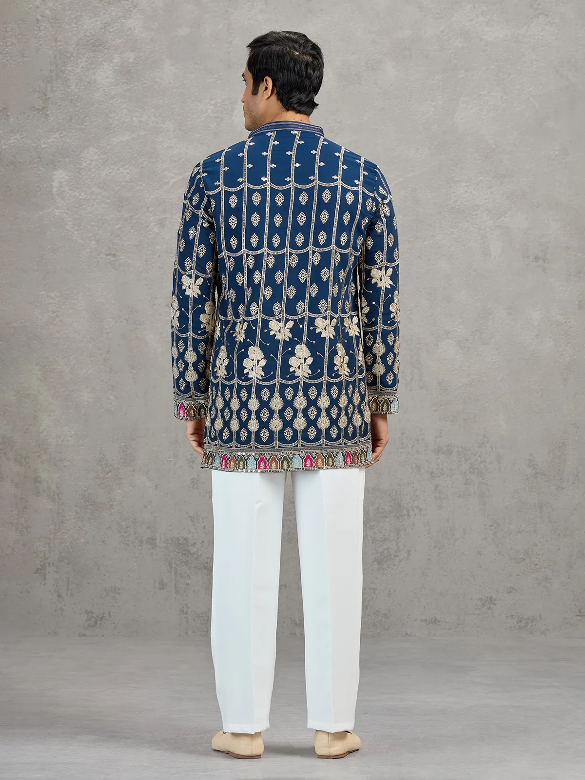 Navy blue short silk embroidered festive kurta suit
