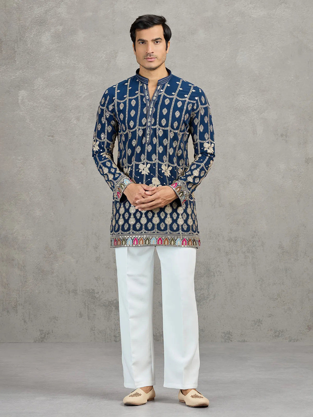 Navy blue short silk embroidered festive kurta suit