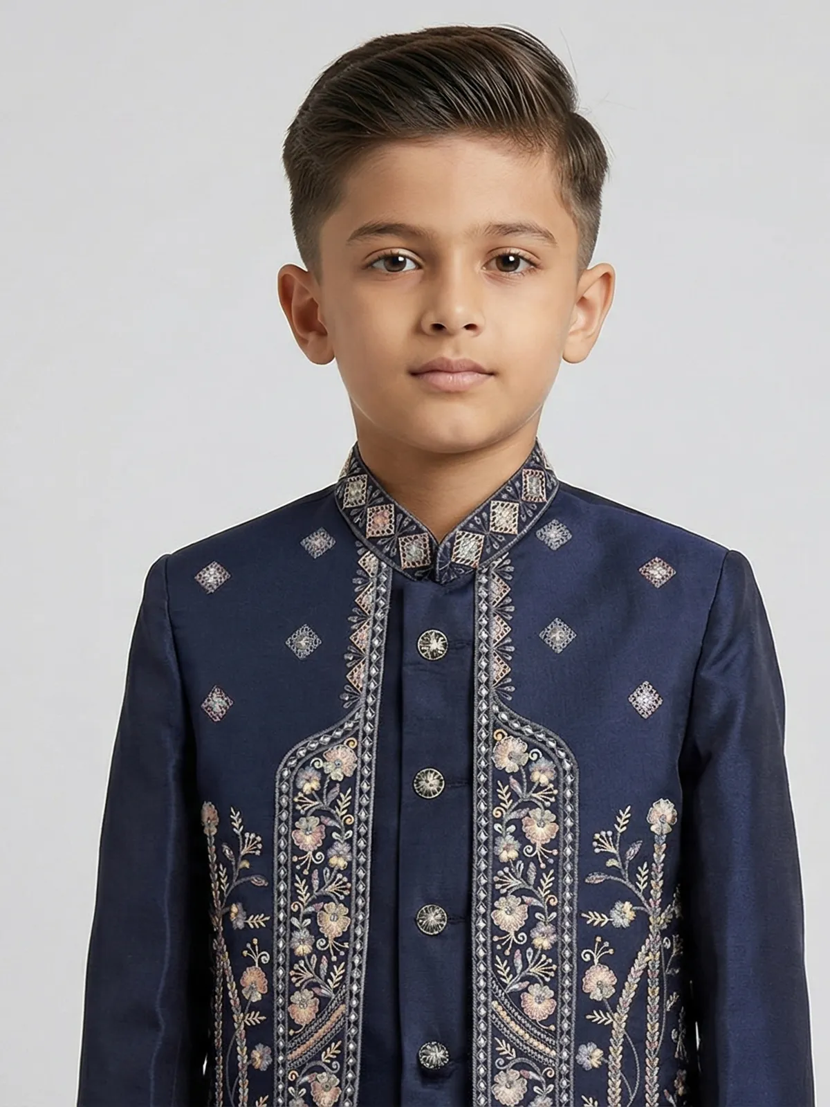Navy blue silk embroidered festive wear indowestern