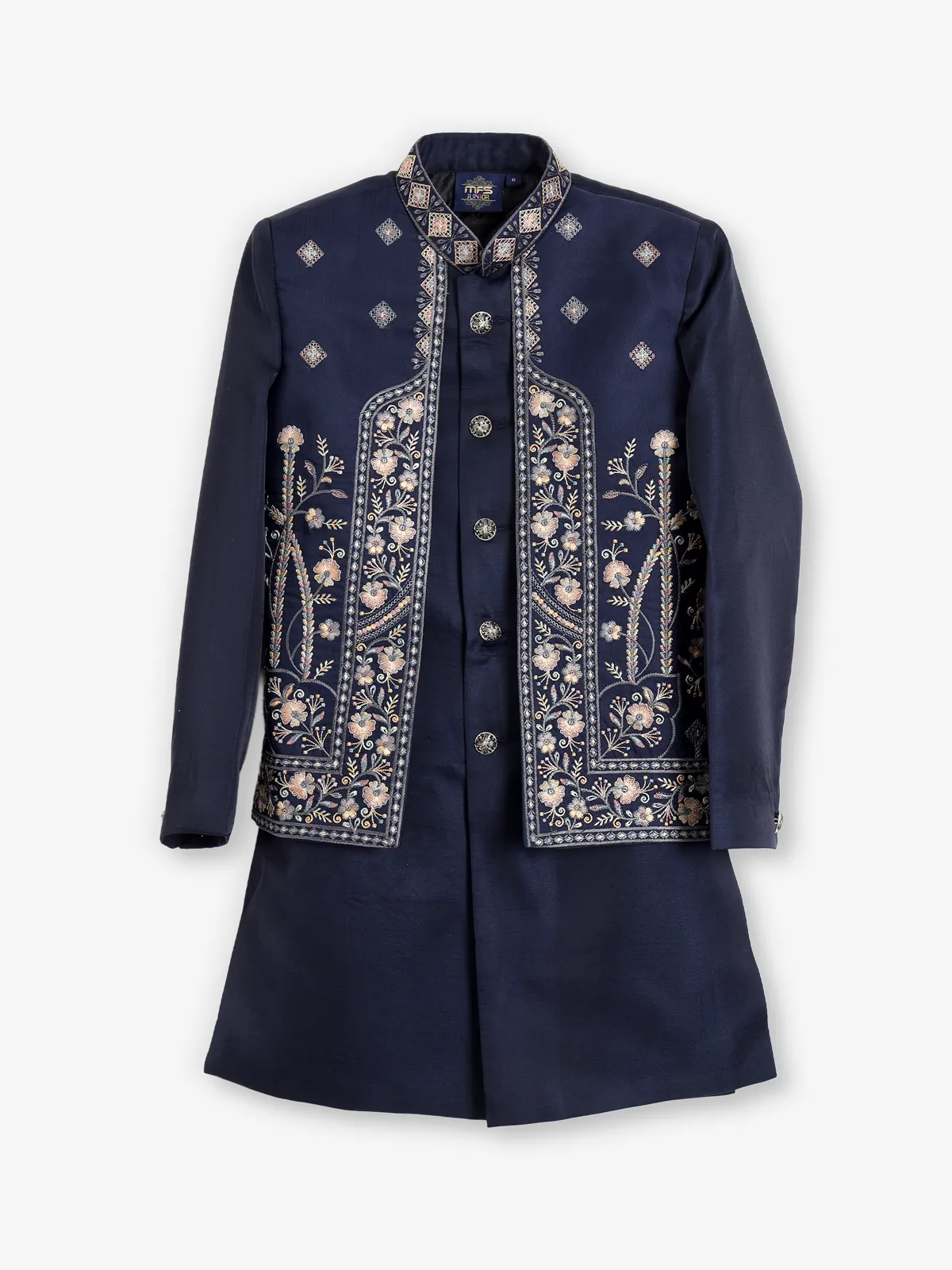 Navy blue silk embroidered festive wear indowestern