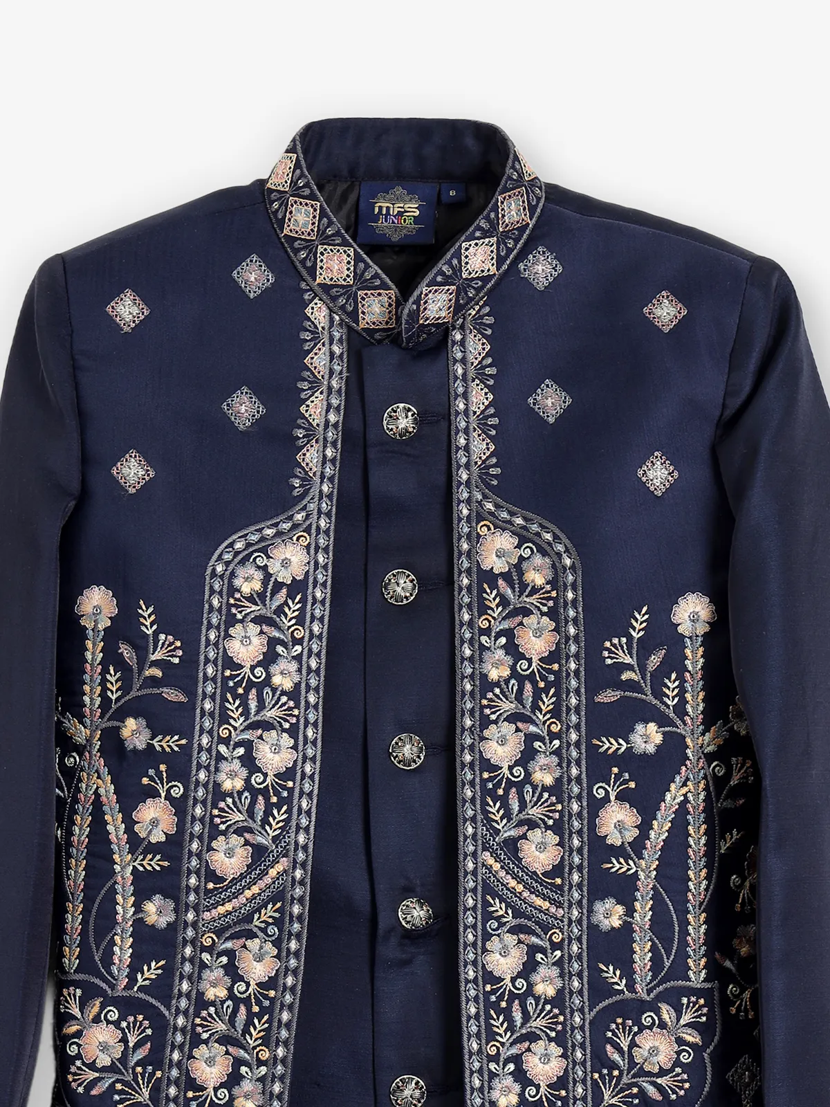 Navy blue silk embroidered festive wear indowestern