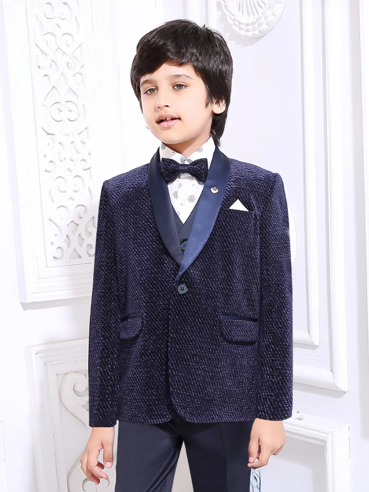 Navy boys coat suit in soft velvet